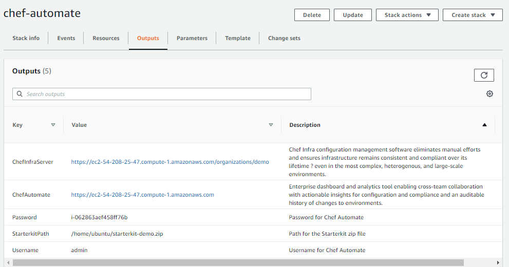 Output AWS CloudFormation Outputs tab listing the ChefInfraServer URL, ChefAutomate URL, Password, StarterKitPath, and Username.