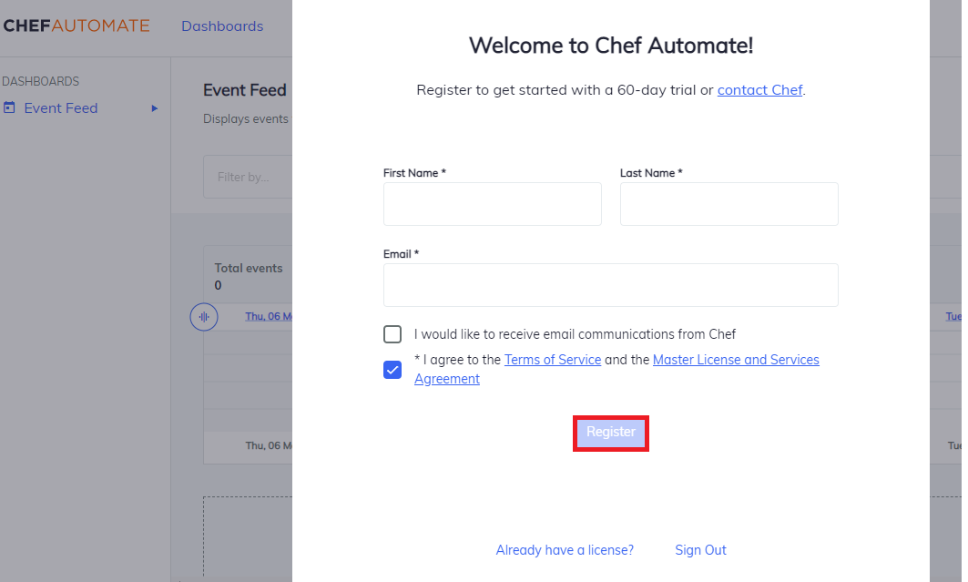 Welcome Page Welcome to Chef Automate dialog with First Name, Last Name, and Email fields, and the Register button highlighted.
