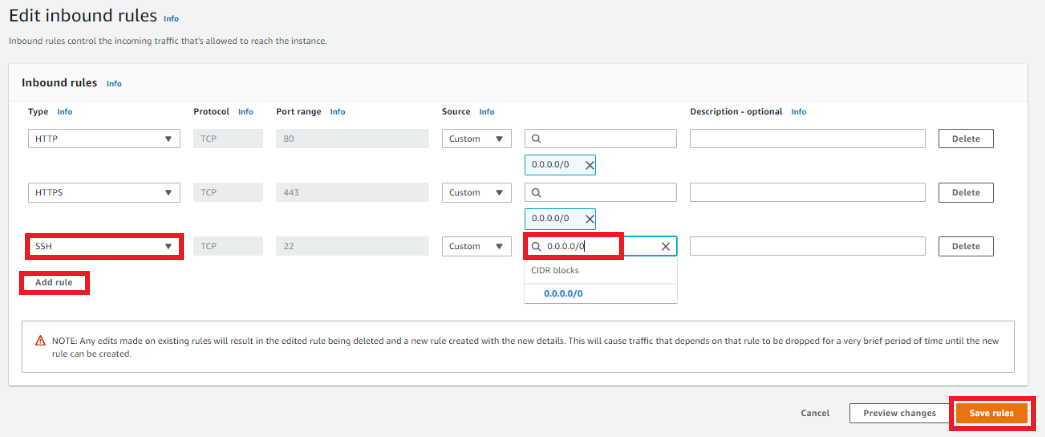 Add Rule Edit inbound rules page showing HTTP, HTTPS, and SSH rules with the new SSH rule source IP field and Save rules button highlighted.