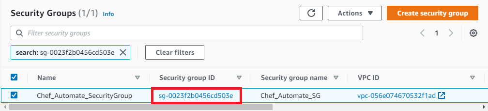 Security Group AWS Security Groups list showing Chef_Automate_SecurityGroup with its security group ID sg-0023f2b0456cd503e highlighted.
