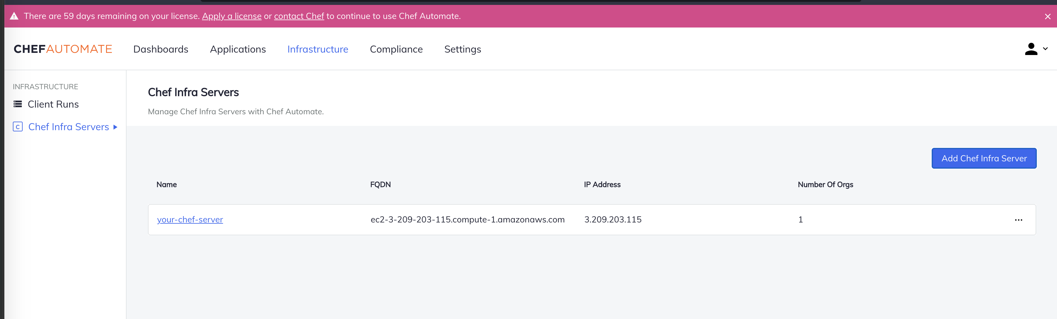 Single Server View Chef Automate Chef Infra Servers list with one server entry showing the FQDN, IP address, and number of organizations.